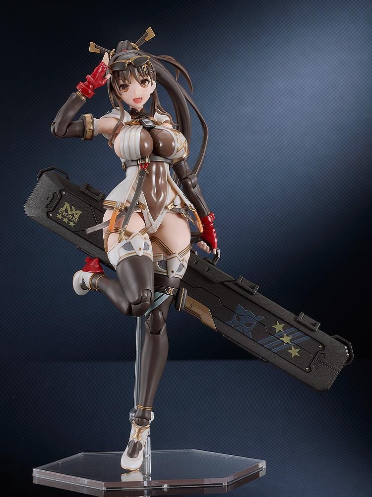 PLAMATEA MX-chan Model Kit featuring MX-chan in a black, white, and brown tactical outfit with red gloves and a large weapon case
