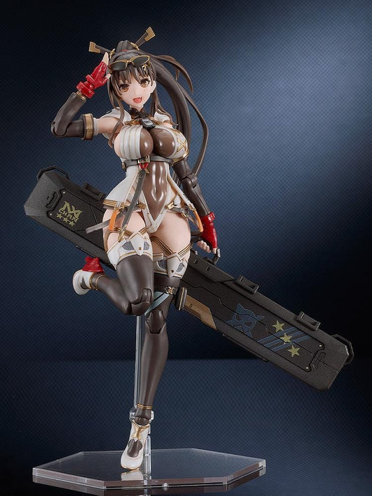 PLAMATEA MX-chan Model Kit featuring MX-chan in a black, white, and brown tactical outfit with red gloves and a large weapon case