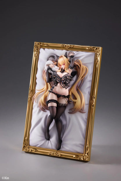 Stella Black Cat Ver. Deluxe Edition 1/7 Scale Figure illustrated by Xin, featuring a blonde-haired catgirl with red eyes, black lace lingerie, cat ears, and thigh-high stockings displayed in an ornate golden frame with a matching illustrated wall scroll.