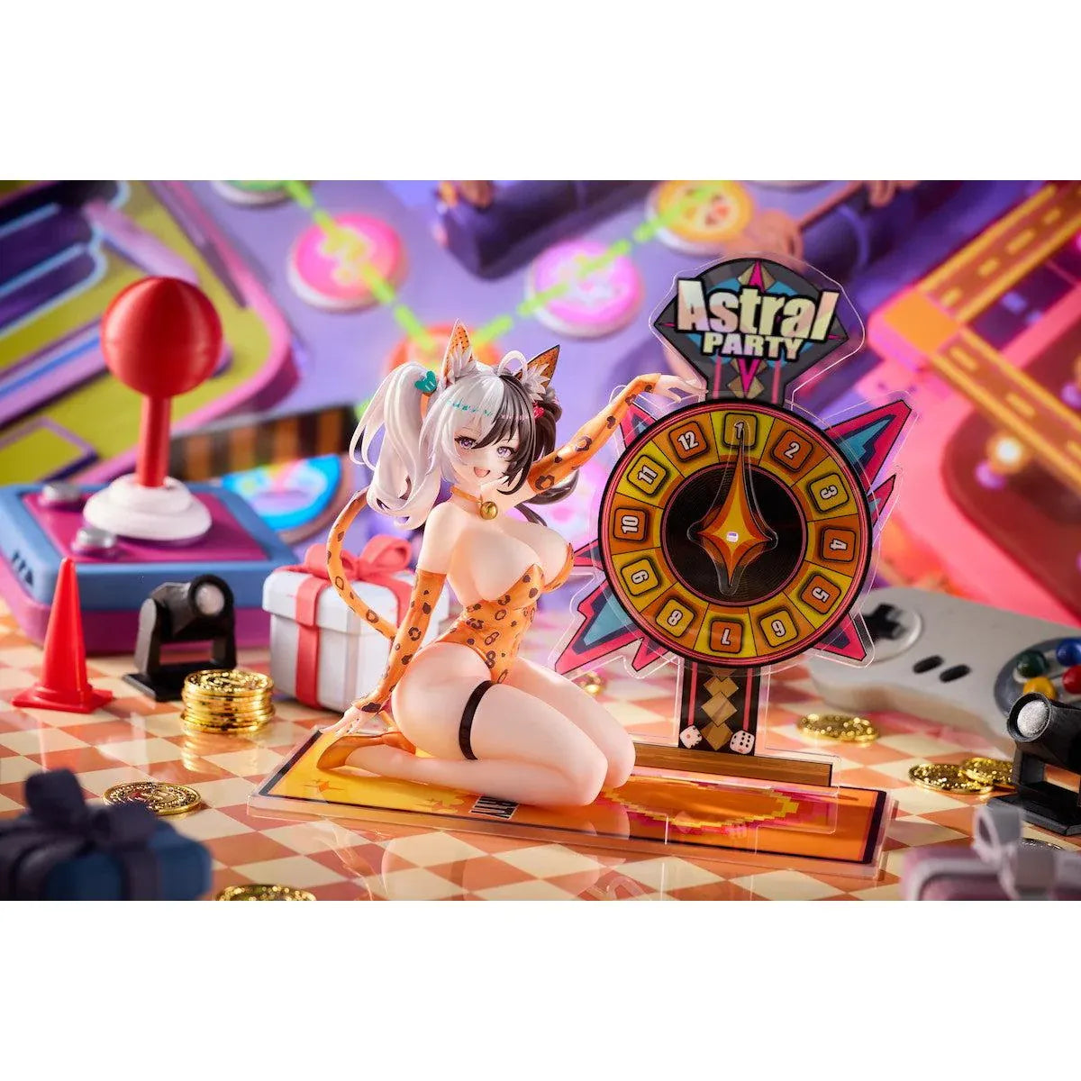 Astral Party Nancy Lu Special Edition 1/6 Scale Figure featuring a black and white-haired anime girl with purple eyes wearing an orange leopard-print bodysuit, animal ears, and a spotted tail, posed beside a colorful roulette wheel with matching illustrated bonuses.