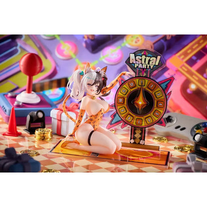 Astral Party Nancy Lu Special Edition 1/6 Scale Figure featuring a black and white-haired anime girl with purple eyes wearing an orange leopard-print bodysuit, animal ears, and a spotted tail, posed beside a colorful roulette wheel with matching illustrated bonuses.