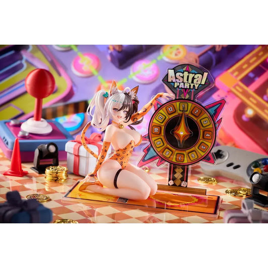 Astral Party Nancy Lu Special Edition 1/6 Scale Figure featuring a black and white-haired anime girl with purple eyes wearing an orange leopard-print bodysuit, animal ears, and a spotted tail, posed beside a colorful roulette wheel with matching illustrated bonuses.