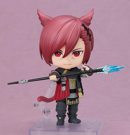 Final Fantasy XIV Nendoroid G'raha Tia Figure with red hair, cat ears, tail, cape, and staff weapon accessory