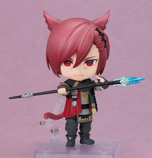 Final Fantasy XIV Nendoroid G'raha Tia Figure with red hair, cat ears, tail, cape, and staff weapon accessory
