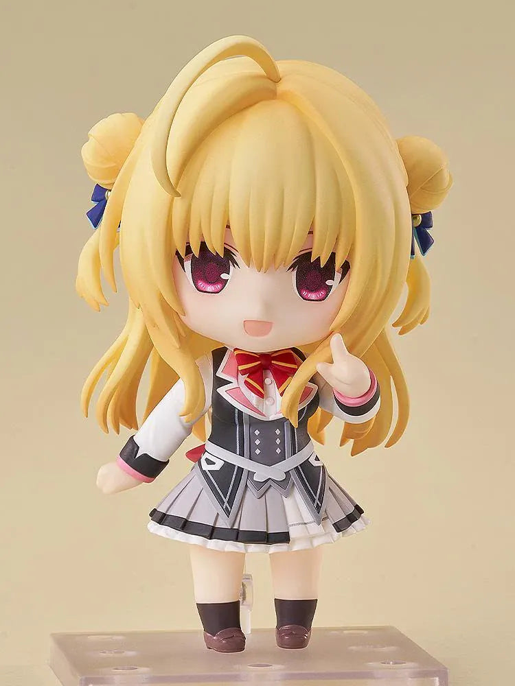 Hamidashi Creative Nendoroid Hiyori Izumi figure with blonde twin buns, pink eyes, navy ribbons, and a detailed school uniform.