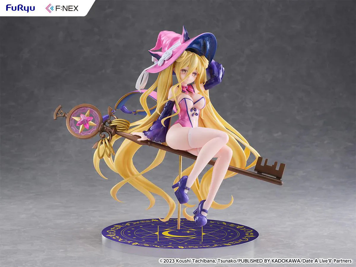 Date A Live V Mukuro Hoshimiya Witch Style Ver. 1/7 Scale Figure featuring Mukuro with long blonde hair, pink witch outfit, large witch hat, key-shaped staff, and magical display base.