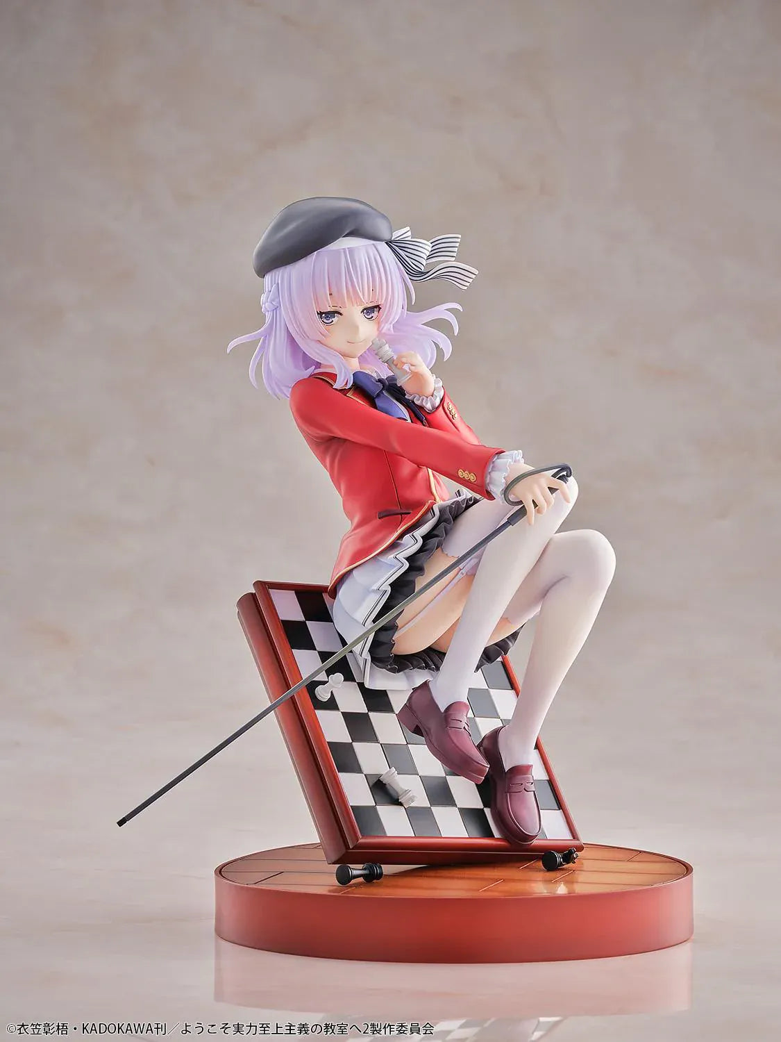 Classroom of the Elite Arisu Sakayanagi 1/7 Scale Figure featuring Arisu seated on a chessboard-style display with beret, red blazer, cane accessory, and round base.