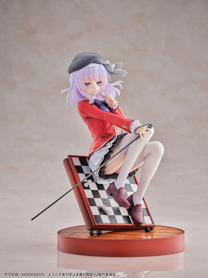 Classroom of the Elite Arisu Sakayanagi 1/7 Scale Figure featuring Arisu seated on a chessboard-style display with beret, red blazer, cane accessory, and round base.