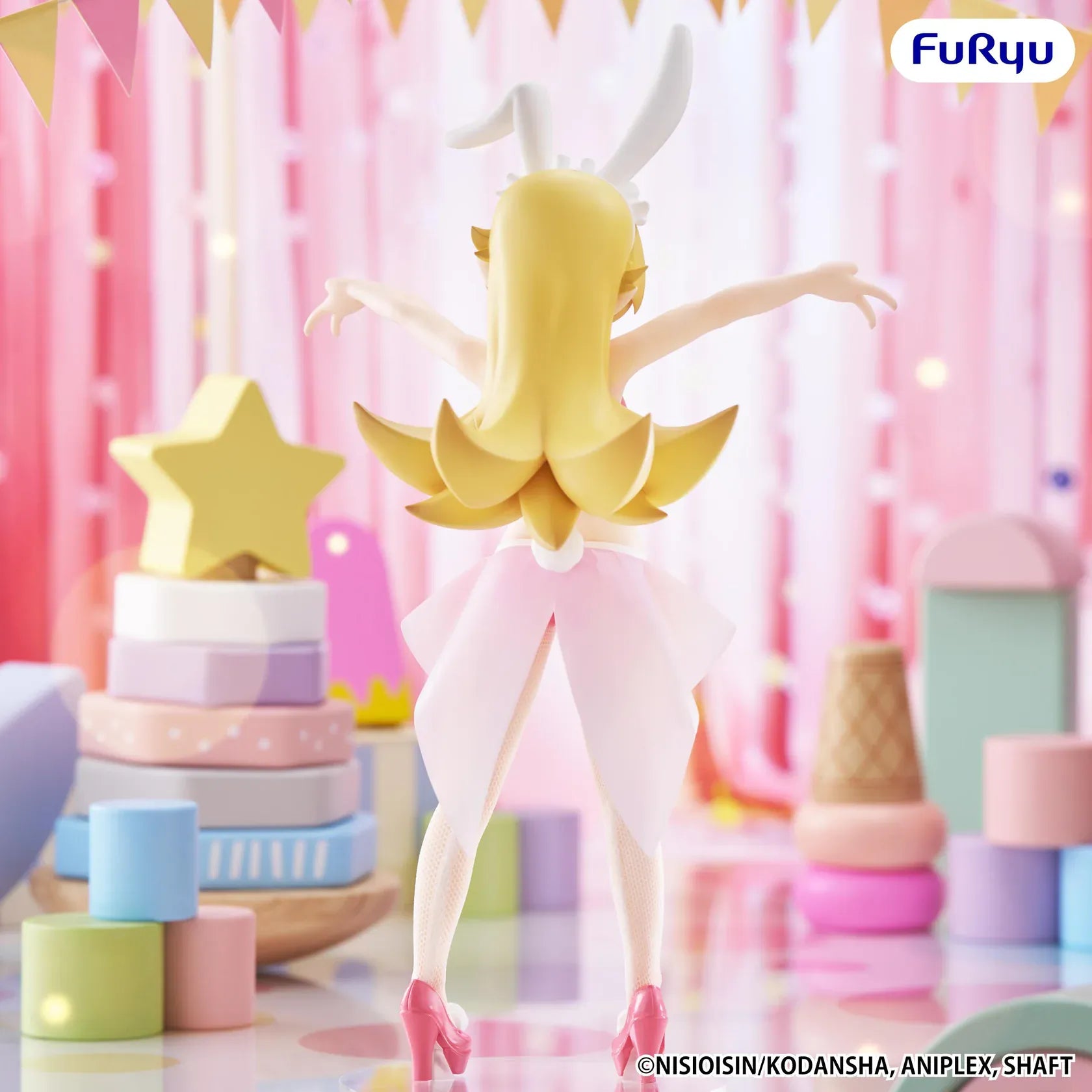 Monogatari BiCute Bunnies Shinobu Oshino Figure wearing a pink and white bunny outfit with white fishnet tights and bunny ears