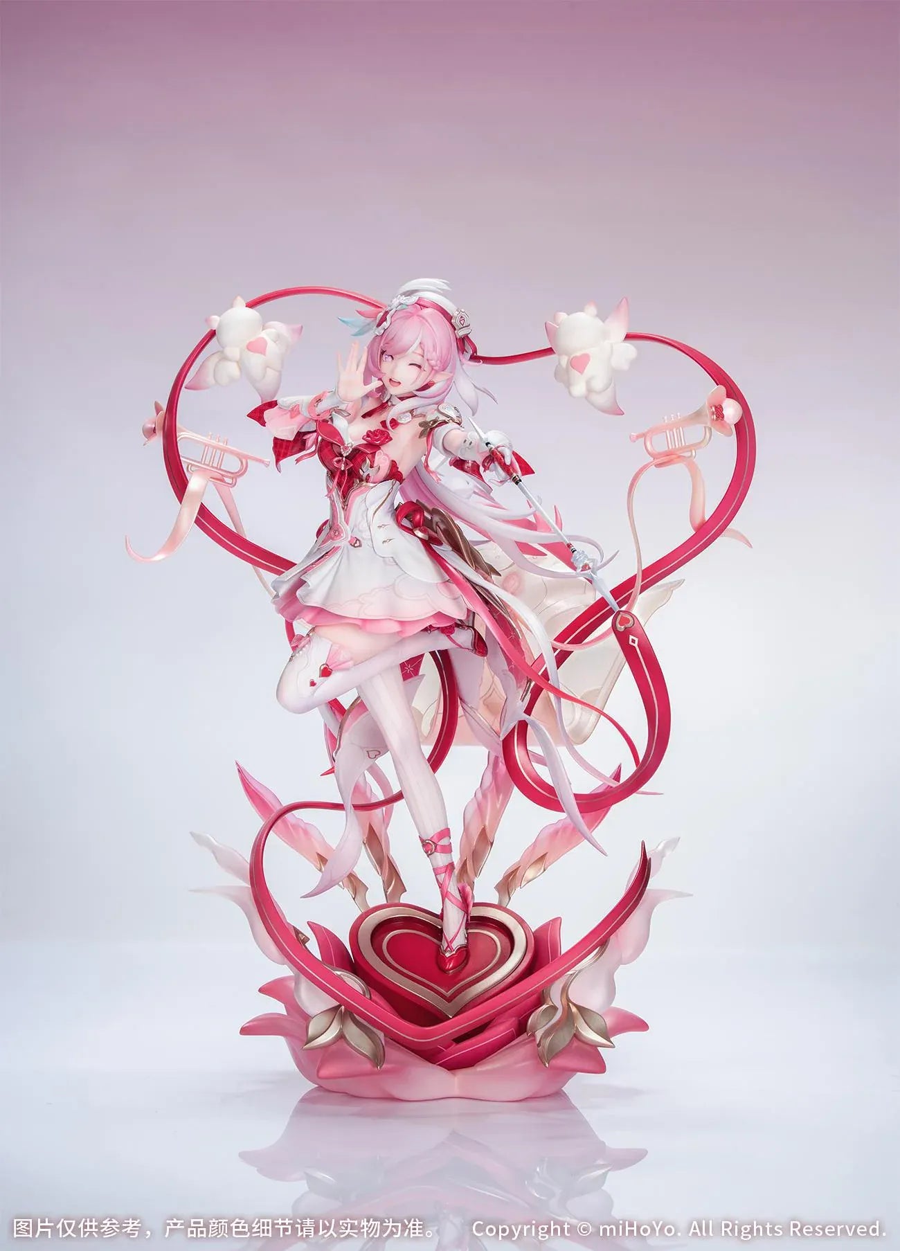 Honkai Impact 3rd Elysia Hi Love Elf Ver. 1/7 Scale Figure Bonus Edition featuring Elysia in a pink-and-white outfit with heart-themed base, ribbon effects, and musical accessories.
