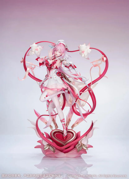 Honkai Impact 3rd Elysia Hi Love Elf Ver. 1/7 Scale Figure Bonus Edition featuring Elysia in a pink-and-white outfit with heart-themed base, ribbon effects, and musical accessories.
