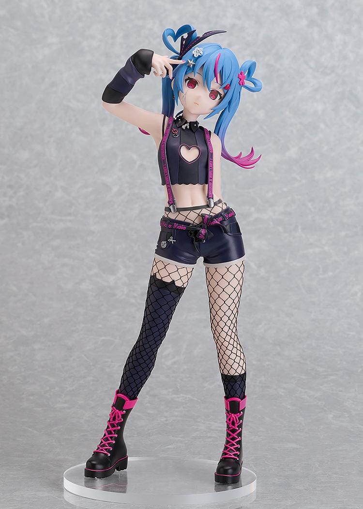 Hatsune Miku DecoMiku Darkness L Size figure with blue and pink twin-tails, a black heart-cutout top, dark shorts, fishnets, and pink-laced boots.