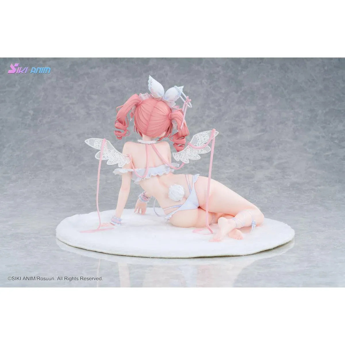 White Rabbit Rosu Angel Ver. Bonus Edition 1/4 Scale Figure illustrated by Rosuuri, featuring a pink-haired bunny girl with white rabbit ears, delicate angel wings, and a frilly white and pink outfit reclining on a fluffy display base.
