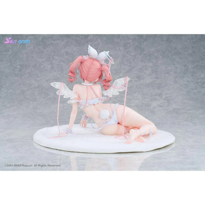 White Rabbit Rosu Angel Ver. Bonus Edition 1/4 Scale Figure illustrated by Rosuuri, featuring a pink-haired bunny girl with white rabbit ears, delicate angel wings, and a frilly white and pink outfit reclining on a fluffy display base.