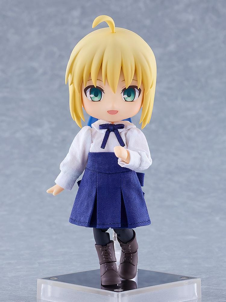 Fate stay night Nendoroid Doll Saber Casual Outfit Ver. with blonde hair, blue skirt, white blouse, black tights, and brown boots