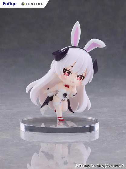 Stella Sora TENITOL Mini Virigia Bunny Figure by FuRyu featuring a white-haired anime girl with pink eyes, oversized bunny ears, a white bunny outfit with black accents, red bow tie, and matching shoes in a playful pose.
