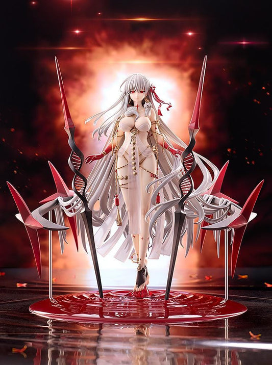 Fate Grand Order Archer Durga 1/7 scale figure with silver hair, red accents, and large spear-like weapons on a dramatic base