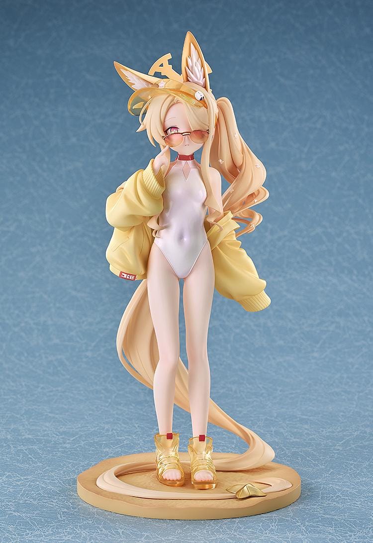 Blue Archive Seia Swimsuit 1/7 scale figure wearing a white swimsuit, yellow jacket, tinted sunglasses, and gold sandals.