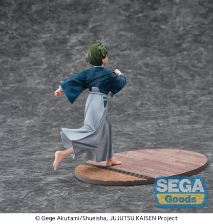 Luminasta Naoya Zen’in Childhood figure running barefoot in a blue top and gray hakama, smiling on an oval base with wood-style flooring.