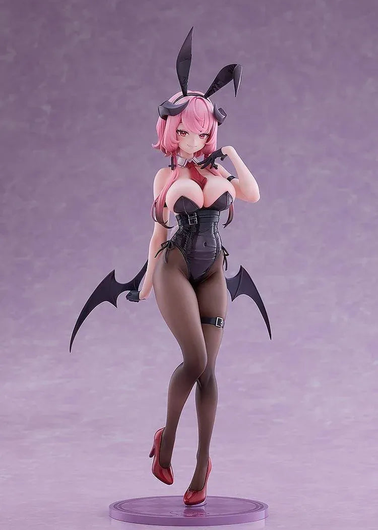 Stella Sora Bernina Bunny Ver. 1/7 Scale Figure featuring a pink-haired anime girl with reddish-pink eyes wearing a black corset-style bunny outfit, tall bunny ears, sheer tights, red heels, and bat-like wings on a purple display base.