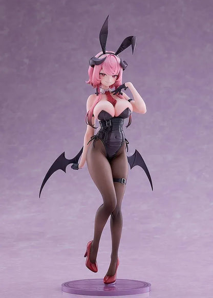 Stella Sora Bernina Bunny Ver. 1/7 Scale Figure featuring a pink-haired anime girl with reddish-pink eyes wearing a black corset-style bunny outfit, tall bunny ears, sheer tights, red heels, and bat-like wings on a purple display base.
