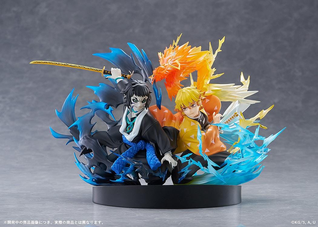 Zenitsu Agatsuma and Kaigaku Demon Slayer figure with lightning effects in dynamic battle pose