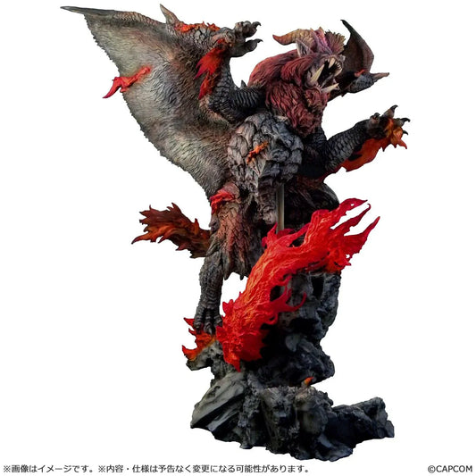 Monster Hunter Capcom Figure Builder Creator's Model Teostra (Rerelease) featuring a fearsome Elder Dragon with massive outstretched wings, a fiery red mane, sharp horns, detailed scales, and red flame effects atop a rocky display base.