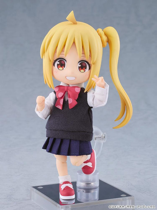 Bocchi the Rock Nendoroid Doll Nijika Ijichi figure with blonde side ponytail wearing a school outfit with fabric sweater, skirt, and pink bow