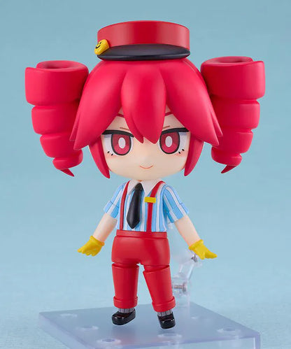 Kasane Teto Nendoroid Kasane Teto Mesmerizer Ver. Figure featuring Teto in a chibi-style design with red drill twin tails, striped shirt, black tie, yellow gloves, and red outfit details.