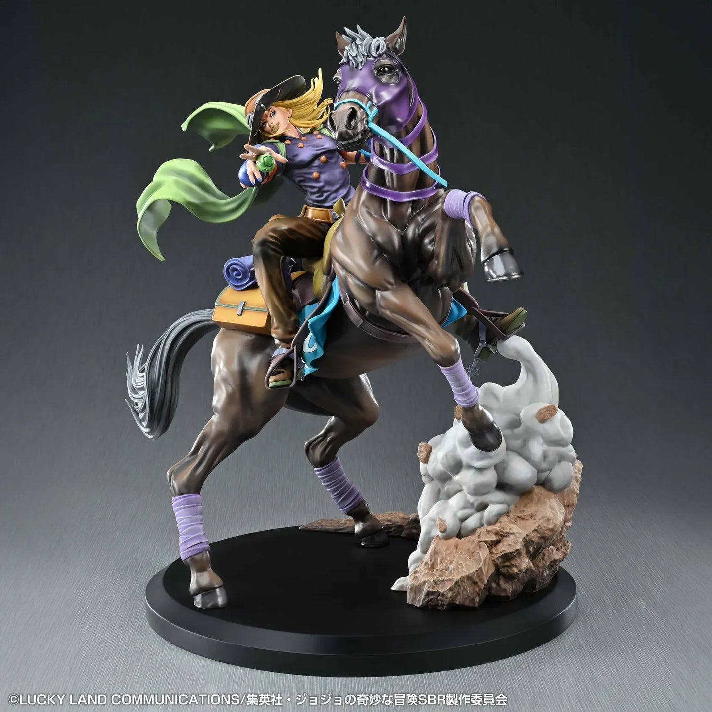 STEEL BALL RUN JoJo's Bizarre Adventure Gyro Zeppeli and Valkyrie figure featuring Gyro riding Valkyrie in a dynamic action pose with rocky effect base