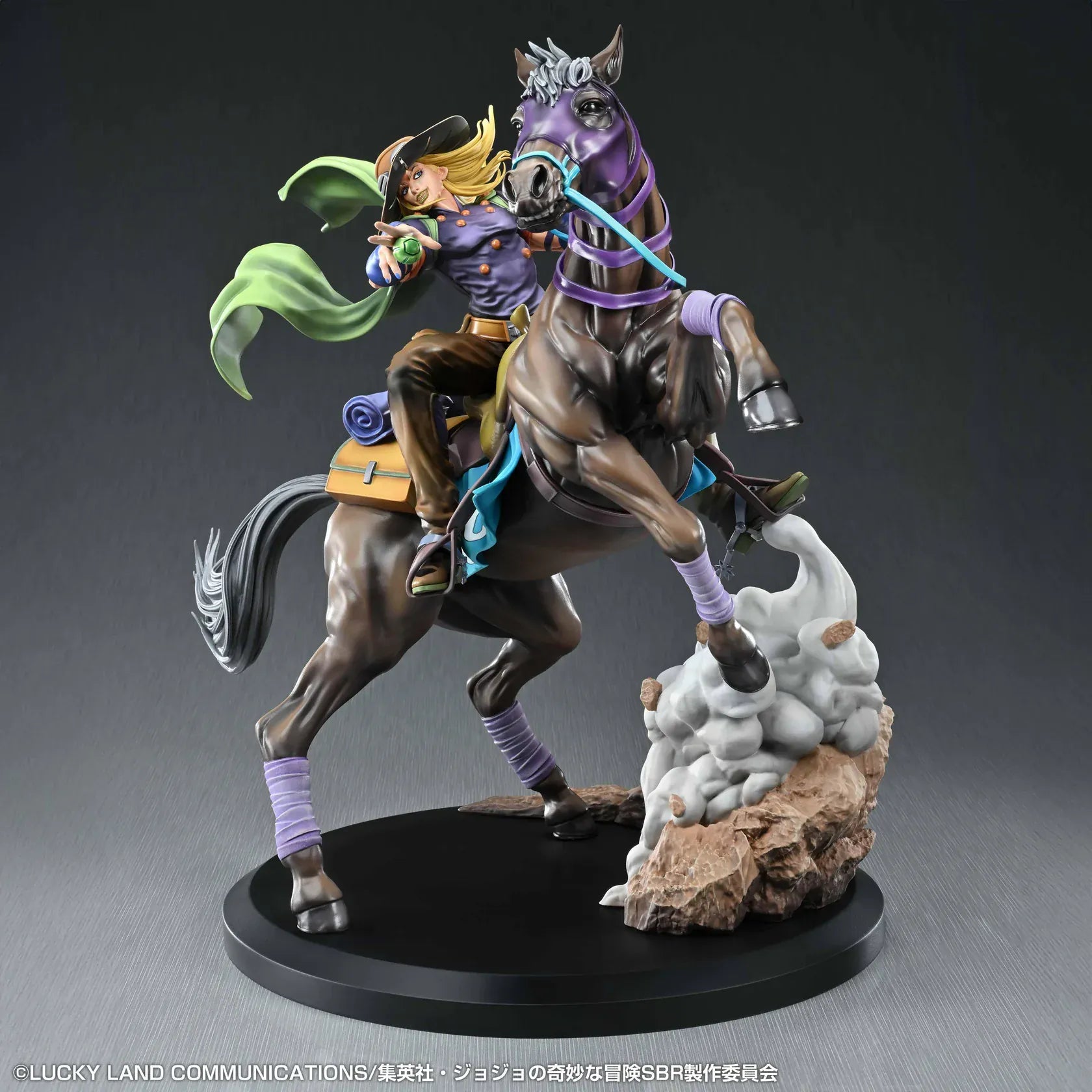 STEEL BALL RUN JoJo's Bizarre Adventure Gyro Zeppeli and Valkyrie figure featuring Gyro riding Valkyrie in a dynamic action pose with rocky effect base