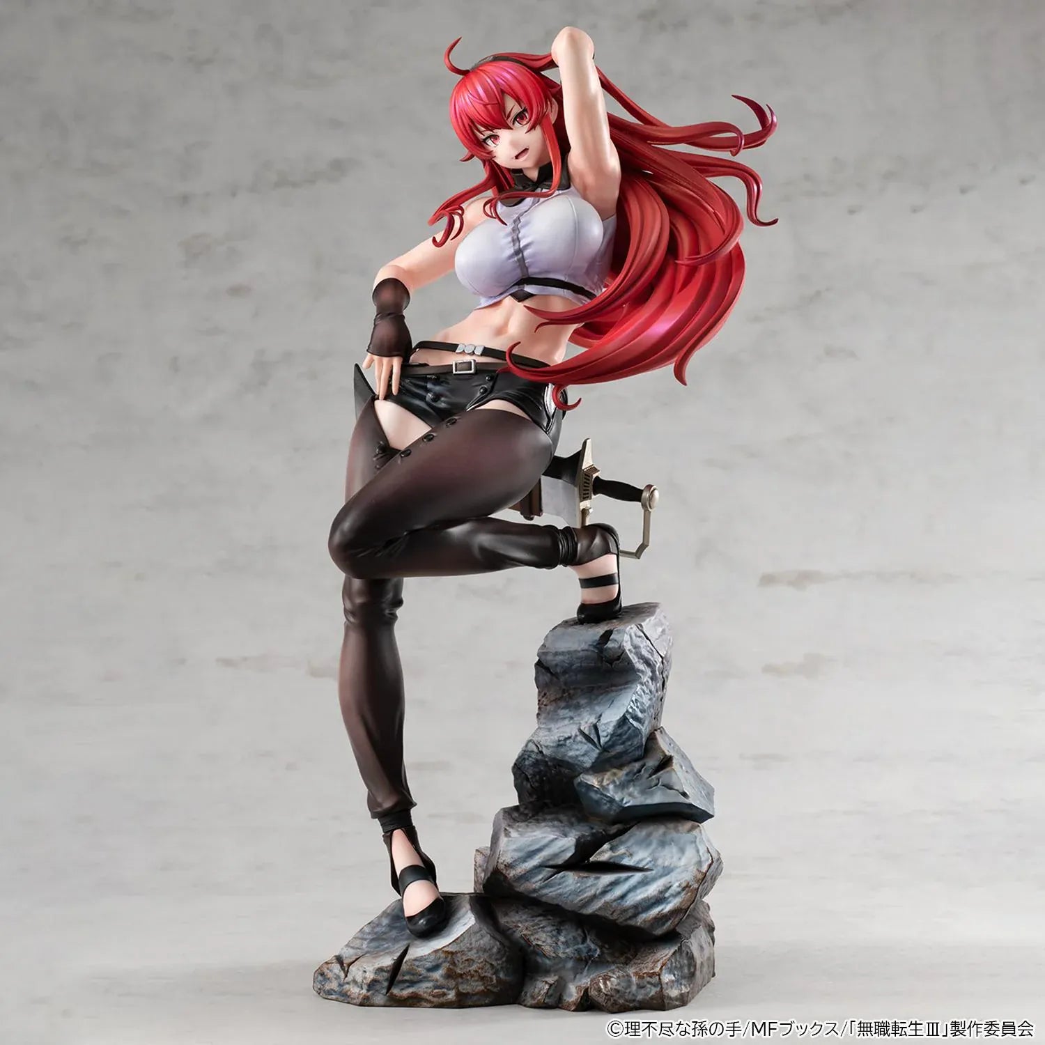 Mushoku Tensei Lucrea Eris Boreas Greyrat Figure with flowing red hair, black and white outfit, and detailed rocky display base