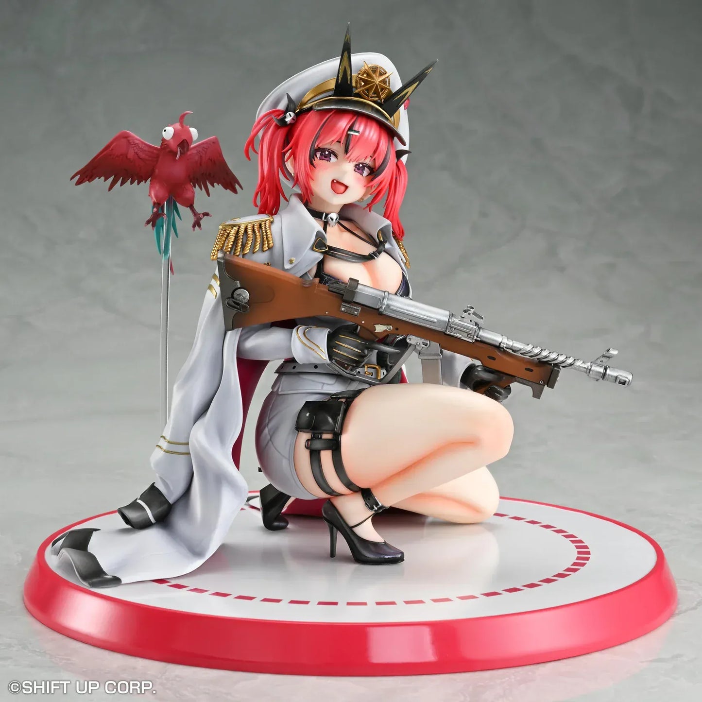 Goddess of Victory: Nikke Mast 1/7 scale figure kneeling on red-and-white base in white naval uniform with rifle and red parrot