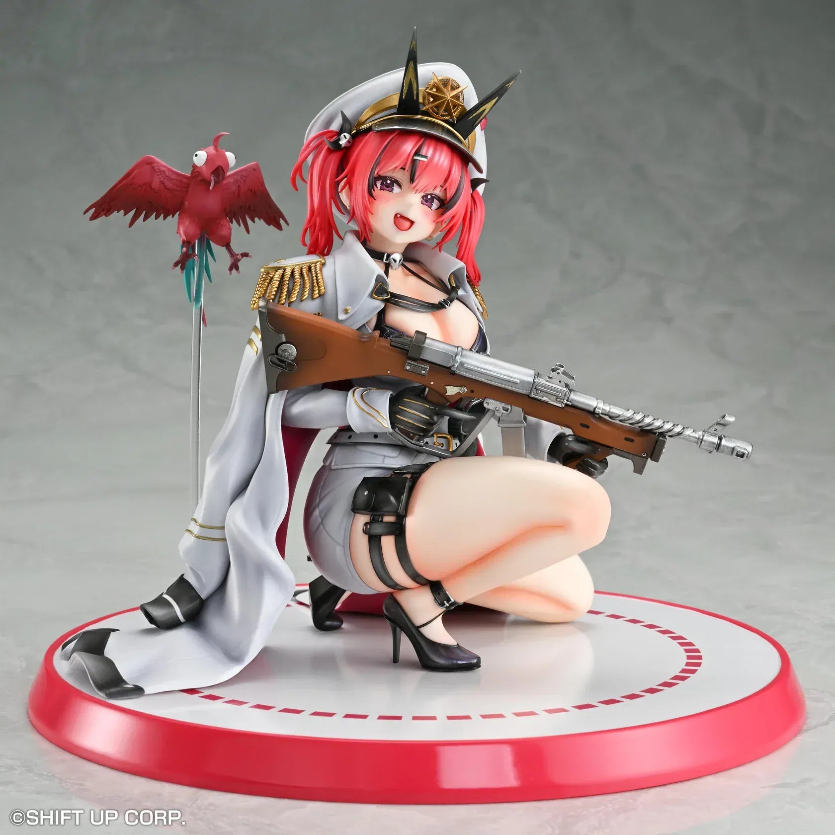 Goddess of Victory: Nikke Mast 1/7 scale figure kneeling on red-and-white base in white naval uniform with rifle and red parrot