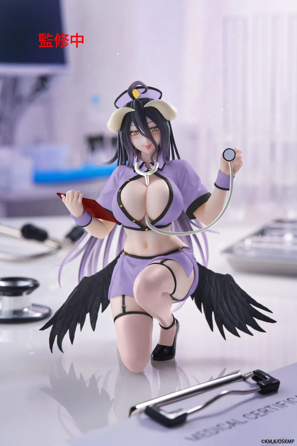 Overlord Desktop Cute Albedo Nurse Ver. figure wearing a lavender nurse uniform with a matching cap and stethoscope.