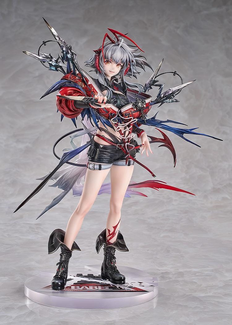 Arknights Wiš'adel 1/7 scale figure with silver-gray hair, red horns, a red-and-black outfit, angular weapon details, and a circular base.