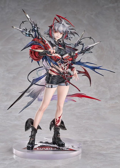 Arknights Wiš'adel 1/7 scale figure with silver-gray hair, red horns, a red-and-black outfit, angular weapon details, and a circular base.