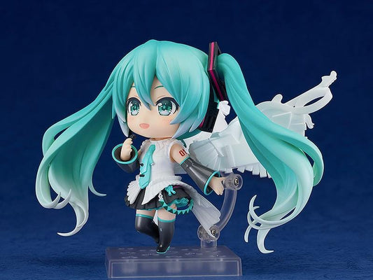 Hatsune Miku Happy 16th Birthday Ver. Nendoroid figure with turquoise twin-tails, white outfit, microphone, and translucent wings