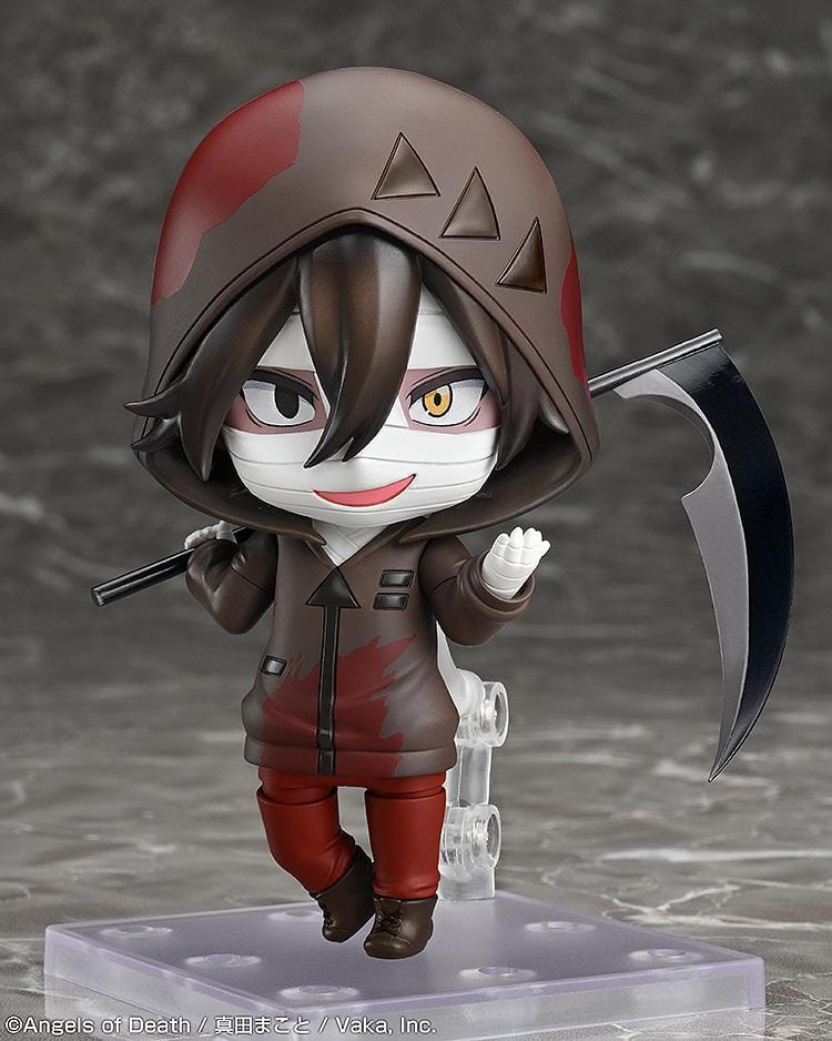 Angels of Death Nendoroid Isaac Foster figure wearing a hooded outfit with bandages and holding a scythe.