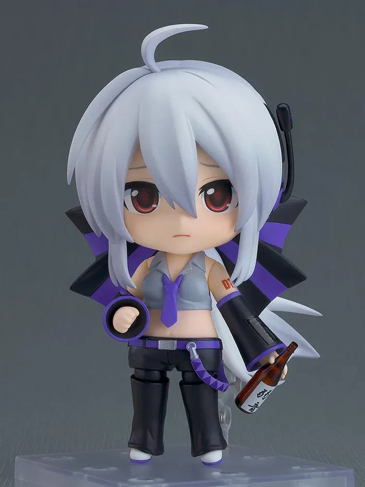 Yowane Haku Nendoroid figure featuring silver hair, purple-and-black outfit, interchangeable face plates, and signature sake bottle accessory
