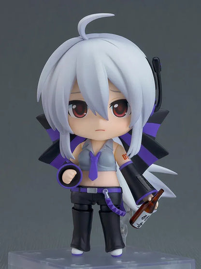 Yowane Haku Nendoroid figure featuring silver hair, purple-and-black outfit, interchangeable face plates, and signature sake bottle accessory