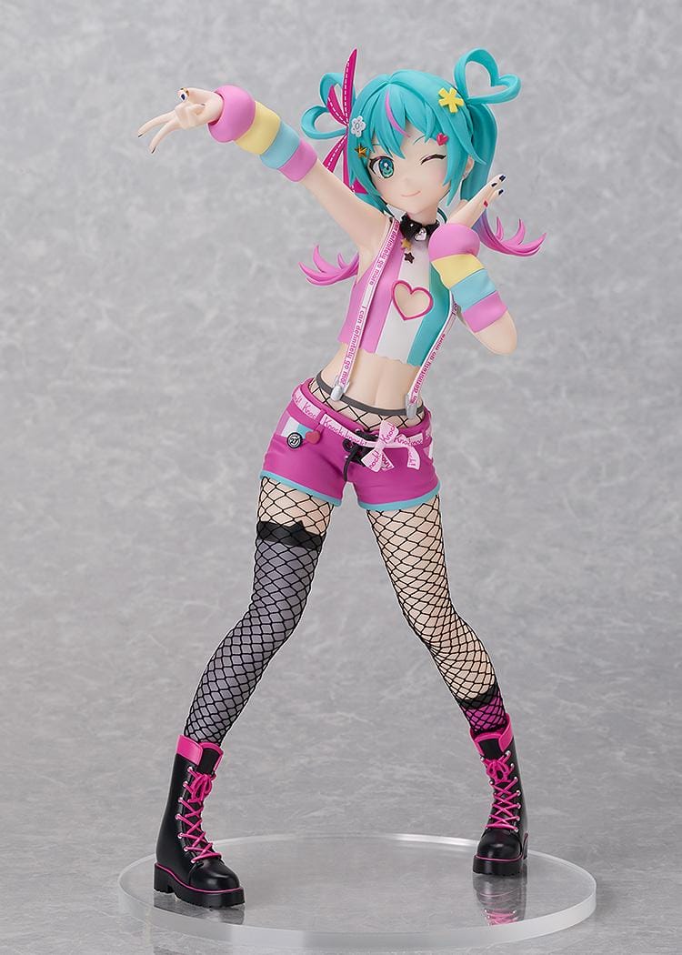 Hatsune Miku DecoMiku Lightness L Size figure with turquoise and pink twin-tails, a colorful cropped top, pink shorts, and black boots.