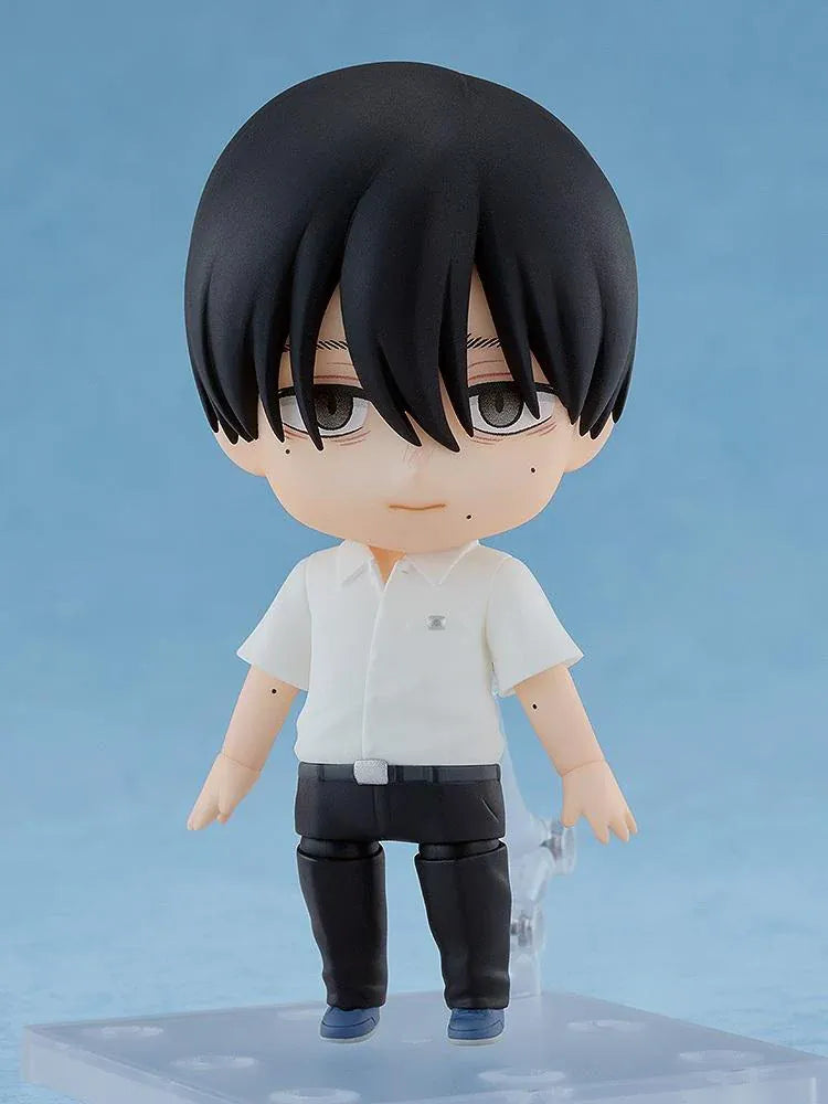 The Summer Hikaru Died Nendoroid Yoshiki Figure featuring a black-haired anime boy with gray eyes, a calm expression, white short-sleeved school shirt, dark pants, and blue-gray shoes in a cute chibi design.