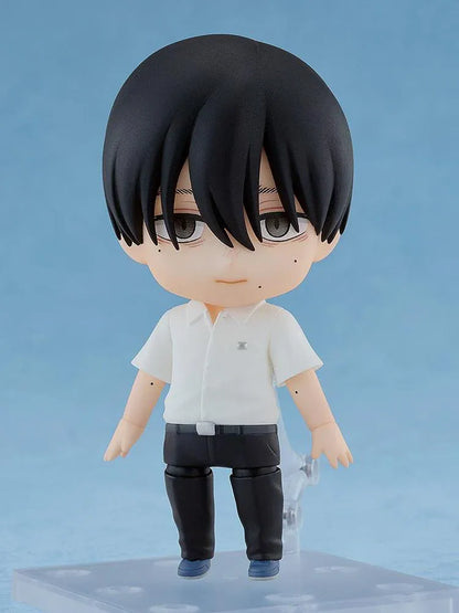 The Summer Hikaru Died Nendoroid Yoshiki Figure featuring a black-haired anime boy with gray eyes, a calm expression, white short-sleeved school shirt, dark pants, and blue-gray shoes in a cute chibi design.