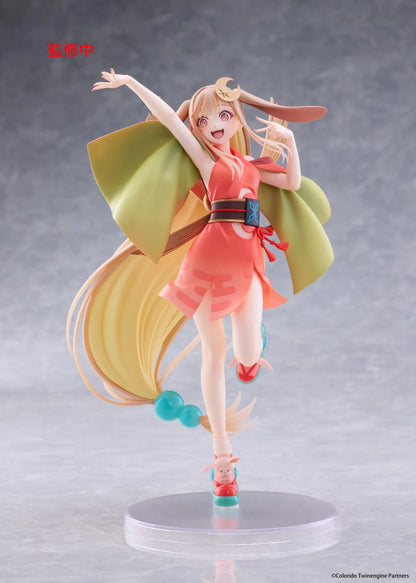 Cosmic Princess Kaguya! Kaguya VR Ver. Coreful Figure featuring a blonde-haired anime girl with pink eyes, long flowing hair, bunny ears, a crescent moon hair accessory, a coral-pink outfit with green sleeves, and colorful shoes in an energetic pose on a transparent circular base.