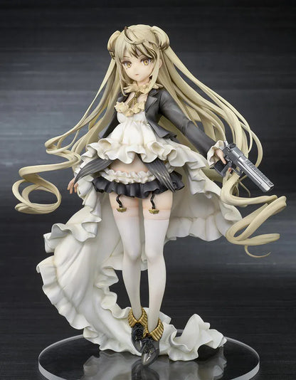 Girls' Frontline Desert Eagle 1/7 Scale Figure featuring Desert Eagle with long blonde hair, white-and-black outfit, golden eyes, handgun accessory, and flowing dress details.