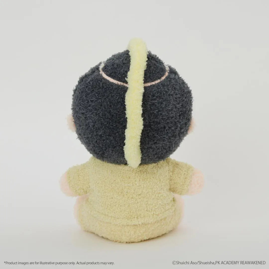 The Disastrous Life of Saiki K. Riki Nendo Fukamokogurumi Plushie featuring black hair, a blonde mohawk, green eyes, a goofy smile, and a fluffy yellow outfit with an embroidered hamster design in a cute seated pose.
