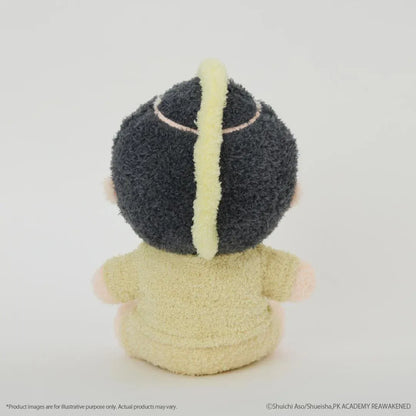 The Disastrous Life of Saiki K. Riki Nendo Fukamokogurumi Plushie featuring black hair, a blonde mohawk, green eyes, a goofy smile, and a fluffy yellow outfit with an embroidered hamster design in a cute seated pose.