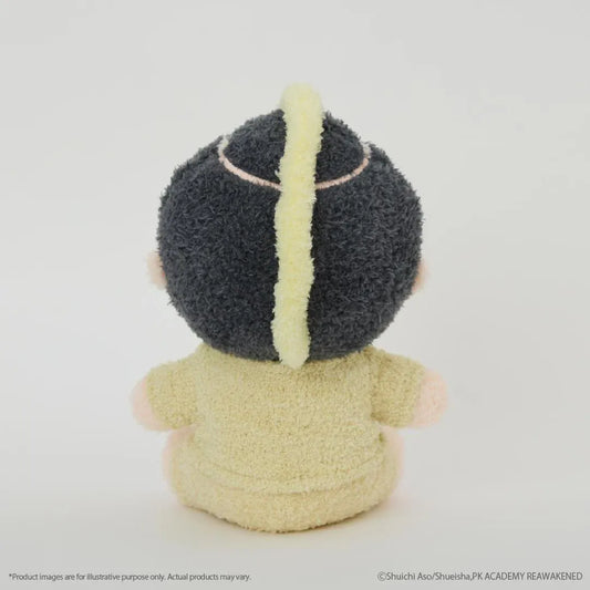 The Disastrous Life of Saiki K. Riki Nendo Fukamokogurumi Plushie featuring black hair, a blonde mohawk, green eyes, a goofy smile, and a fluffy yellow outfit with an embroidered hamster design in a cute seated pose.