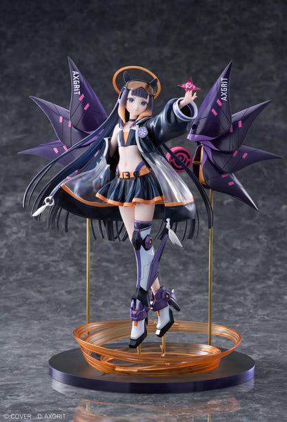 Ninomae Ina’nis AXGRIT Ver. figure with flowing dark hair, an oversized jacket, armored boots, purple mechanical elements, and orange rings above a circular base.